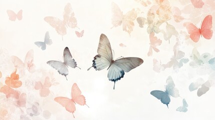Poster - A magical butterfly background with a variety of colorful butterflies gently gliding over a light, airy floral backdrop