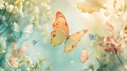Poster - A magical butterfly background with a variety of colorful butterflies gently gliding over a light, airy floral backdrop