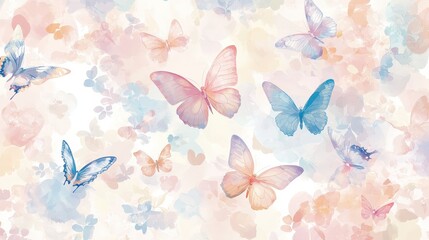 Poster - A magical butterfly background with a variety of colorful butterflies gently gliding over a light, airy floral backdrop