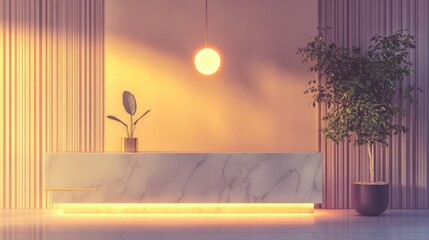 Poster - minimalist hotel reception area featuring simple yet elegant decor, soft lighting, and a marble front desk that creates a calm and relaxing atmosphere for guests