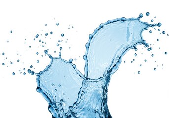 Poster - Water splash with droplets in dynamic motion against a clean white background, creating a refreshing visual effect