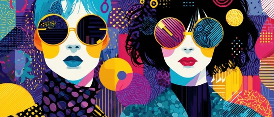 Poster - Two stylish women wearing retro sunglasses in a vibrant, colorful, and abstract geometric background Concept of fashion, art, and pop culture