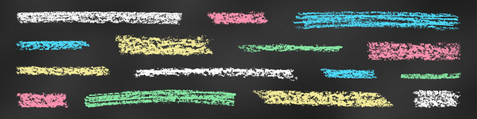 Wall Mural - Realistic Chalk Drawn Sketch. Set of Design Elements Colored Lines Isolated on Chalkboard Backdrop.