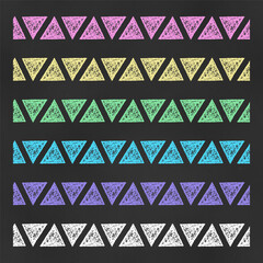 Wall Mural - Set of Horizontal Seamless Borders Chalk Drawn Sketches of Colorful Lines of Triangles.