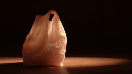 Aufkleber - A solitary plastic bag stands in soft light against a dark background. The contrast creates a striking image. This photo captures simplicity and everyday life moments. AI