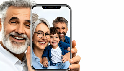 Smiling family group using smartphone