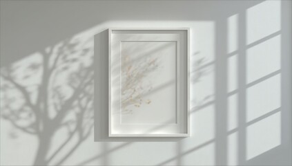 Poster - Minimalist white frame on a wall with soft tree and window shadows cast by sunlight.