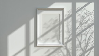 Poster - Minimalist white frame on a sunlit wall with soft tree shadows cast through a window.