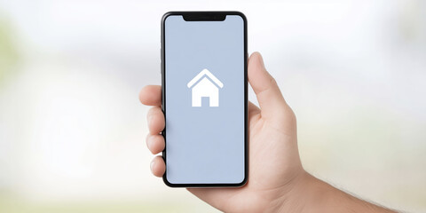 Fototapete - Smartphone mock up held in hand with blank screen displaying home icon, showcasing modern technology and user-friendly interface for design purposes