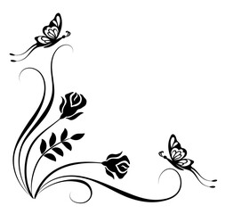 Poster - Corner ornament with roses flowers, leaves and butterflies. Decorative element for decor and text greeting or invitation card design.