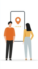 Fototapete - Two individuals standing together, observing a smartphone screen displaying a location pin and rating stars, representing navigation and user experience in digital applications