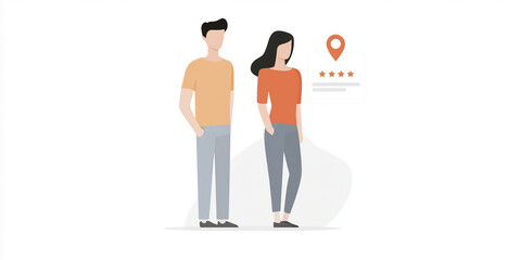 Poster - Flat illustration of a man and woman standing together, with a location pin and rating stars in the background, representing customer feedback and location-based services