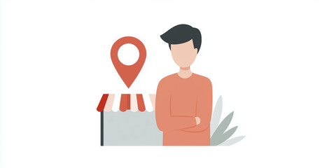 Poster - Young man standing confidently with crossed arms in front of a shop, featuring a location pin symbol, representing local business and community engagement in a modern illustration style