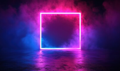 Poster - neon glowing square frame surrounded by colorful smoke in dark environment