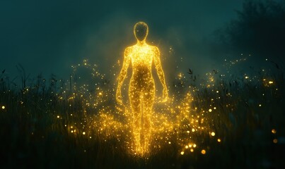 Poster - Glowing silhouette of a human figure surrounded by sparkling particles in a mystical setting