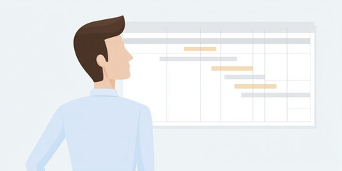 Poster - Businessman analyzing project timeline on a digital screen, showcasing progress bars and milestones, representing effective project management and planning strategies for success