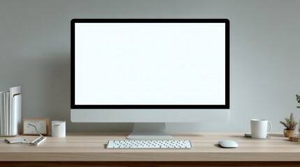 Poster - Minimalist workspace with a large desktop computer, keyboard, mouse, books, cup, and plant on a wooden desk.