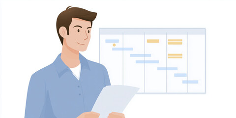 Poster - Professional man holding documents stands in front of a project management chart, showcasing planning and organization in a modern office environment with clear visuals