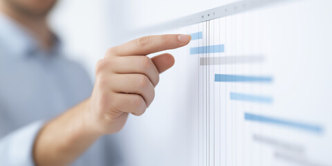 Poster - Business professional analyzing project timeline on a digital display, pointing at progress bars, showcasing effective planning and management strategies for successful outcomes