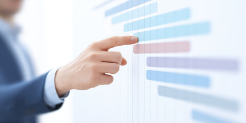 Poster - Business professional in a suit is pointing at a digital project management chart on a screen, illustrating progress tracking and strategic planning in a modern office environment