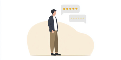 Poster - Illustration of a man standing with a thoughtful expression, surrounded by speech bubbles displaying star ratings, conveying feedback and customer satisfaction in a modern design
