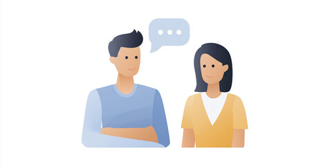 Poster - Two illustrated characters engaged in conversation, showcasing friendly interaction, with speech bubbles above their heads, representing communication and connection in a modern digital context