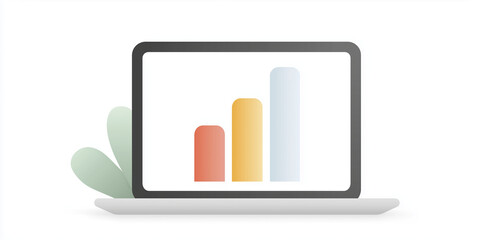 Fototapete - Laptop mock up displaying colorful bar graph on screen, representing data analysis and growth, with soft abstract shapes in the background enhancing visual appeal and context