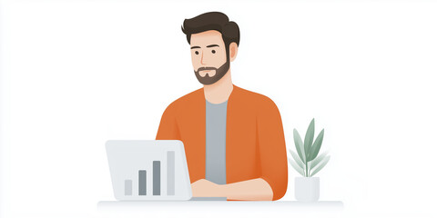 Poster - Young man with beard, wearing orange jacket, is working on laptop at a desk with plant, analyzing data and creating reports in a modern workspace environment