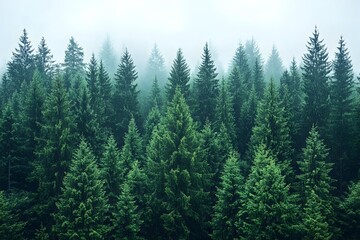 Misty evergreen forest, dense with tall, uniform trees