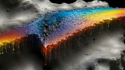 Poster - Abstract landscape features a vibrant rainbow cascade on a textured, grey geological formation.