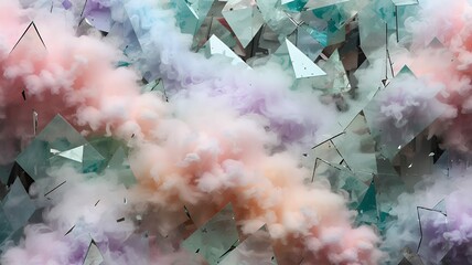 Poster - Abstract digital art featuring smoky, pastel clouds amidst fragmented, reflective geometric shapes.