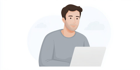 Fototapete - Young man with dark hair, wearing a gray sweater, is focused on working at a laptop in a minimalistic workspace, conveying a sense of productivity and modern lifestyle