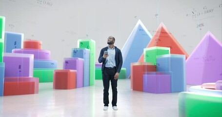 Poster - African American Man Using Smartphone to Launch a Virtual Reality Business Analytics Space. Black Male is Surrounded by Dynamic 3D Reports, Colorful Data Visualizations and Digital Charts
