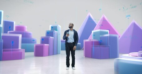 Poster - Black Male Taps on a Smartphone to Explore a Digital World with Animated Data Representing Analytical Finance Insights, Business Reporting, Mathematical Formulas, Charts, Tables and Diagrams