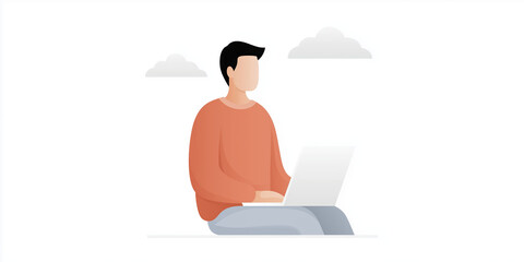 Fototapete - Young man sitting cross-legged on the ground, working on a laptop with a minimalist design, surrounded by soft clouds, illustrating remote work and digital lifestyle
