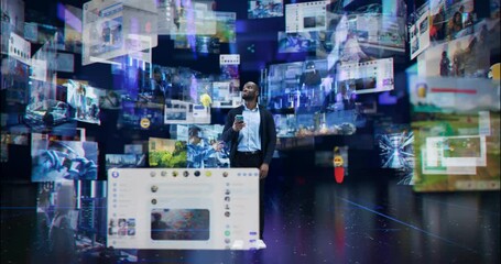Poster - African Man Using Smartphone in a Conceptual Space. Digital Visualization of Social Media, Influencer Economy, Viral Content. Augmented Reality with Floating Hologram Screens with Videos