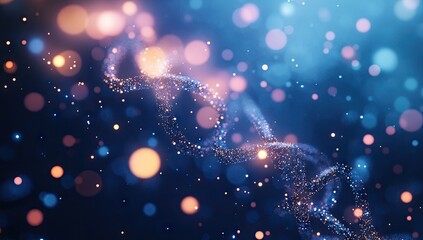 Poster - A mesmerizing close-up of a blue DNA strand illuminated by soft light. surrounded by shimmering particles. creating a serene and scientific atmosphere perfect for educational content
