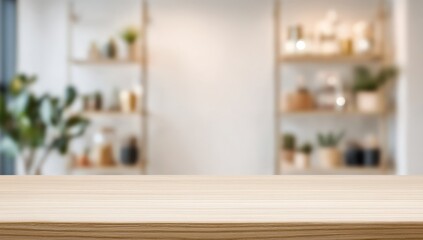 Poster - A wooden table surface with a blurred background of shelves and home decor in a cozy indoor setting.