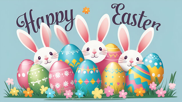 Vector illustration for a German Easter poster or greeting card, featuring a cheerful arrangement of colorful decorated Easter eggs,