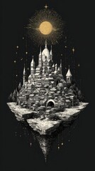 Poster - Floating city of fantasy, illuminated by celestial light.