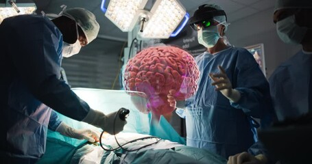 Poster - Team of Surgeons Performing an Operation. Female Consults the Augmented Reality Display that Projects a 3D Model of Patient's Brain. Headset Helps to Visualize Placement for Surgical Instruments