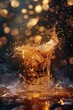 © GOLVR - Whiskey Splash with Ice Cubes and Golden Bokeh Background for Cocktails