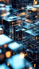 Poster - A mesmerizing close-up of glowing. translucent cubes arranged in a dynamic pattern. set against a dark backdrop. creating an ethereal. digital landscape
