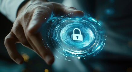 Poster - A business professional interacting with a digital security lock interface. symbolizing cybersecurity and data protection in a modern urban setting with technological elements