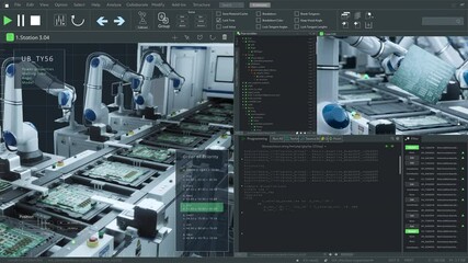 Poster - Computer Monitor Screen Replacement Template with 3D Software User Interface with Animated Digital Robotic Arm Operation Tool. Concept of Technological Research, Development, Production at a Factory
