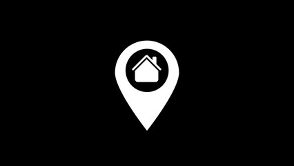 Poster - Home location pin icon with house symbol on black background representing real estate and property search navigation