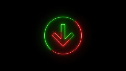 Poster - Neon style down arrow glowing within a circle representing progress or download against a black background suitable for digital concepts