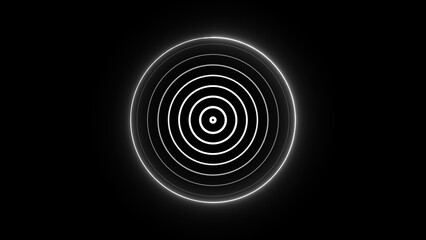 Poster - Abstract neon light concentric circles graphic on black background with glowing white lines representing focus or technological target