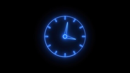 Poster - Glowing neon clock icon animated on black background representing time deadline and punctuality concept for design templates