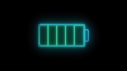 Poster - Neon battery icon glowing against a dark background illustrating charging status and technological power concepts